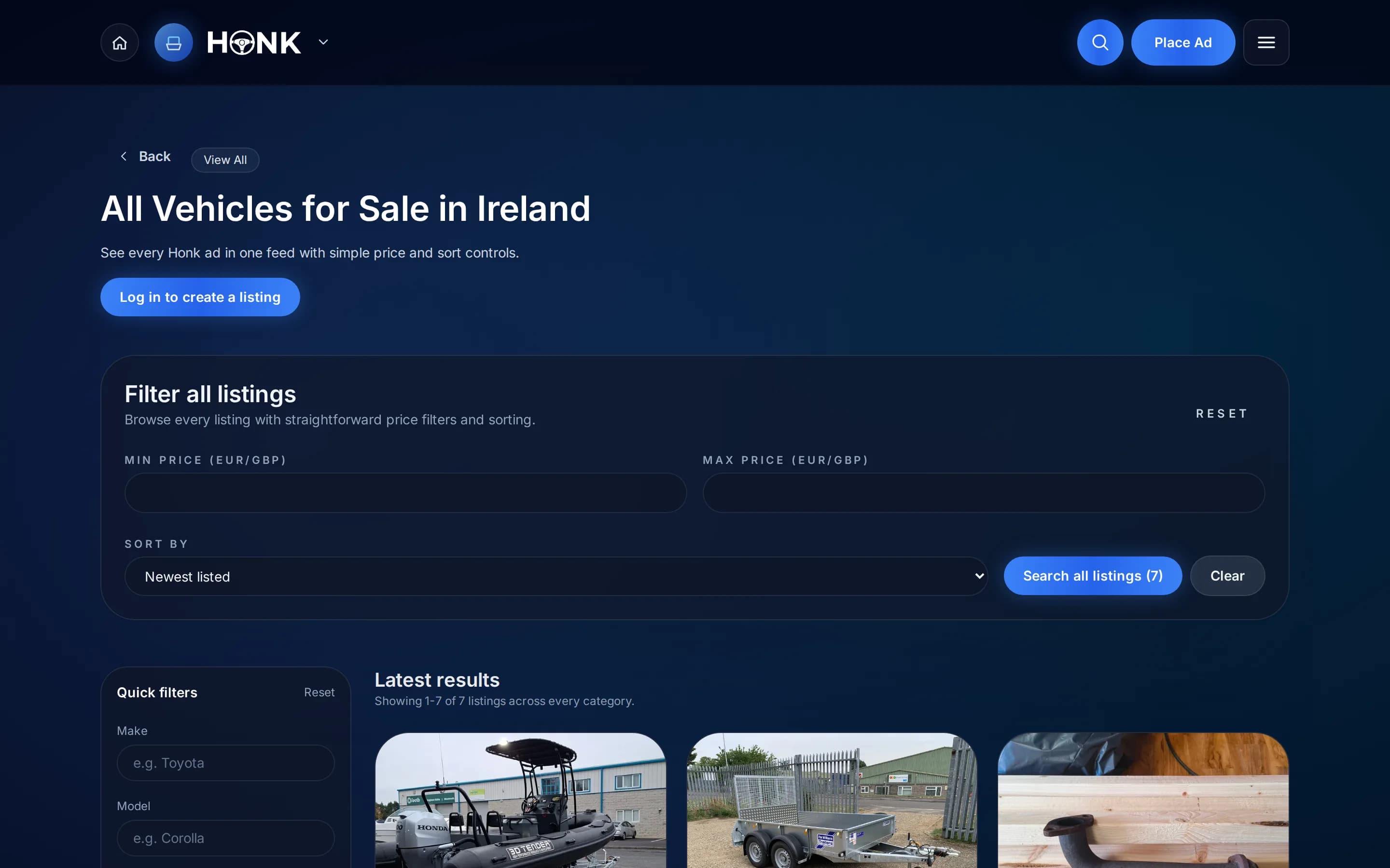 Honk's full listings page with filters for cars, vans and more