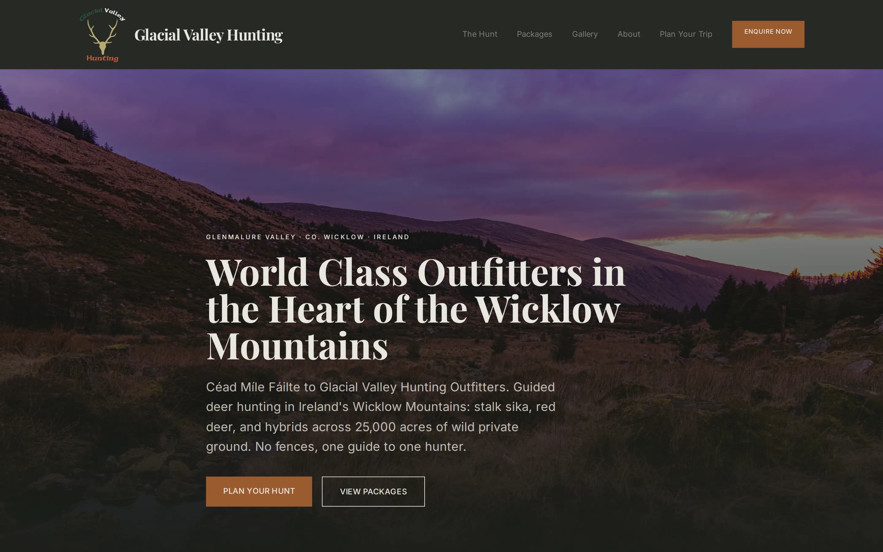 Glacial Valley Hunting homepage showing the hero image and hunt packages